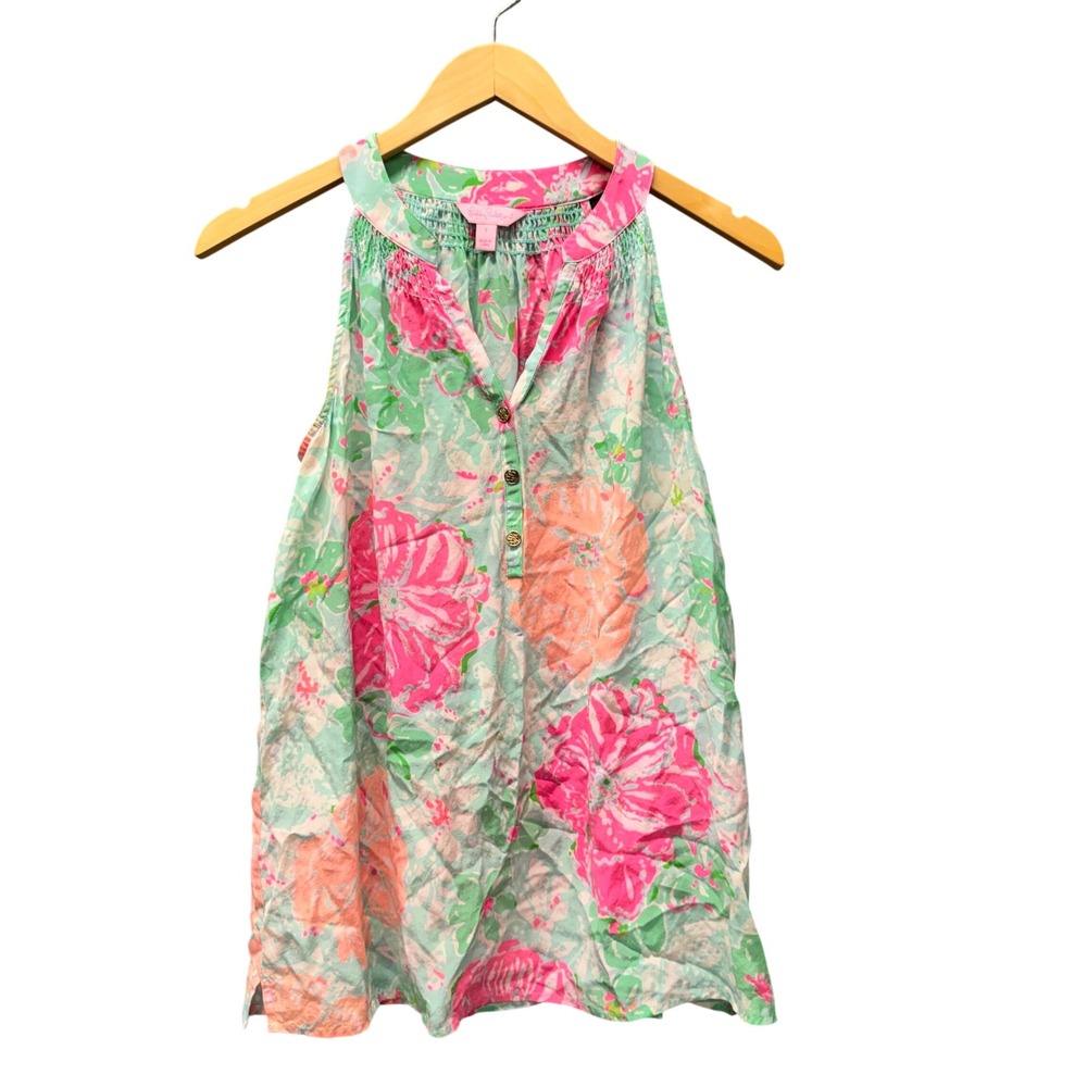 Lilly Pulitzer Silk Top Womens Ssmall Bailey Floral Pink Green Sleeveless V-Neck